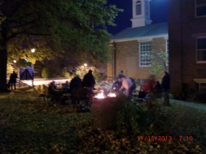 A fun November Bonfire with Hotdogs, S'mores, and Song on the church lawn